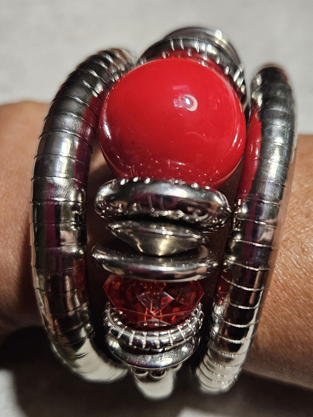 Silver-Tone Ring with Bold Red Cabochon - Women's Fashion Bracelet